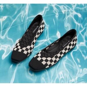 NWOT Vivaia Margot Walker Square Toe Flats Black White Checkered Knit Shoe Sz 40